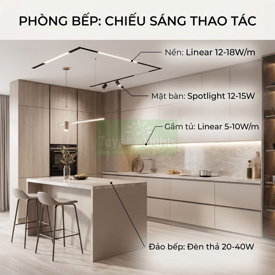 Thiết kế phòng bếp hiện đại với hệ thống đèn linear, spotlight và đèn thả chiếu sáng khu vực đảo bếp
