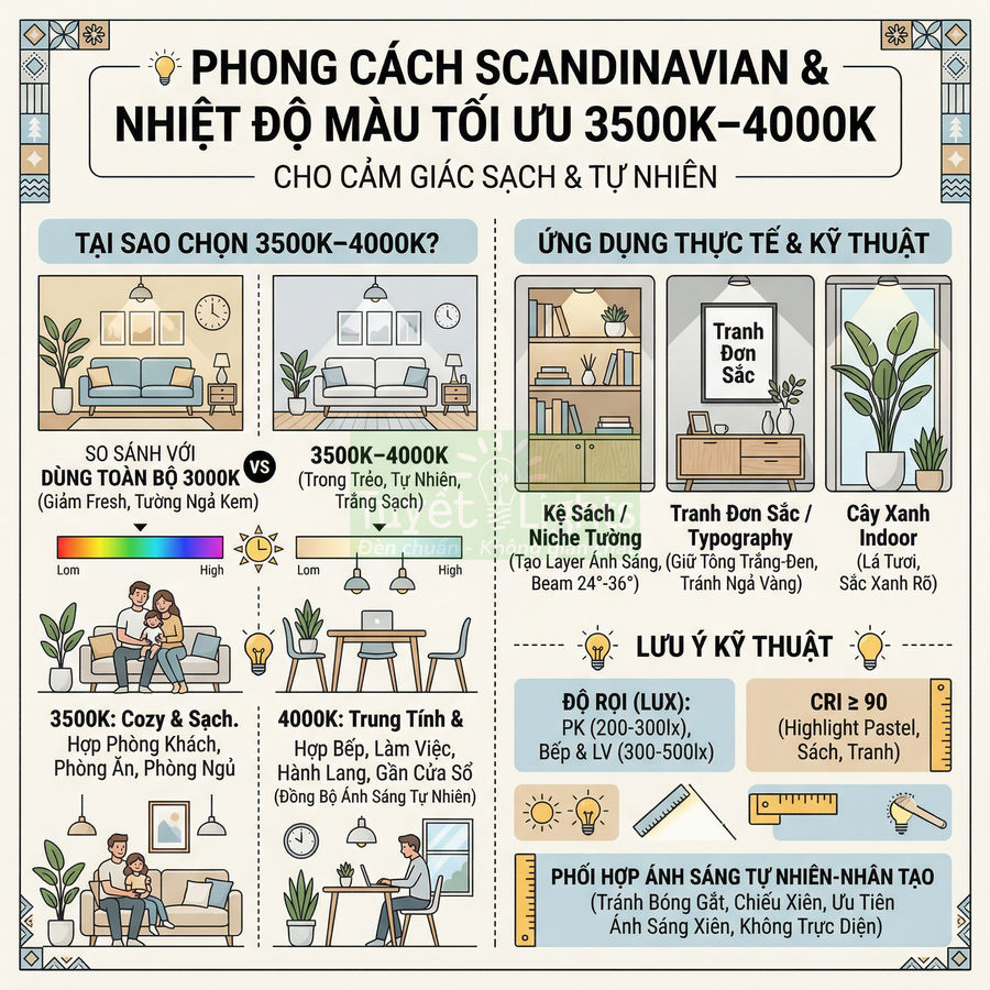 Infographic phong cách Scandinavian với gợi ý dùng đèn LED 3500K 4000K cho phòng khách, bếp và không gian sống sạch tự nhiên