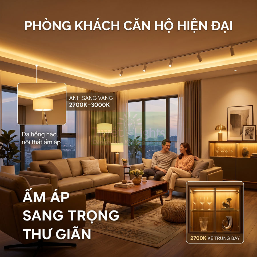 Phòng khách căn hộ hiện đại dùng đèn LED ánh sáng vàng 2700K 3000K tạo không gian ấm áp sang trọng