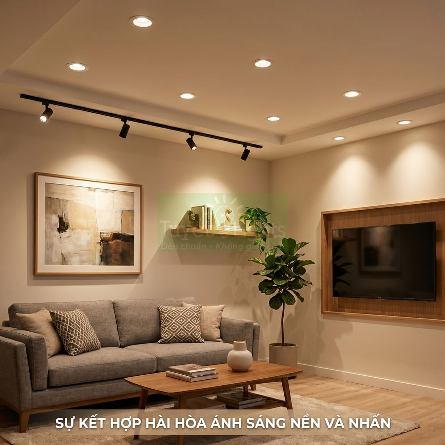 Phòng khách hiện đại với bộ đèn âm trần và đèn rọi ray chiếu sáng sofa, bàn trà và kệ tivi