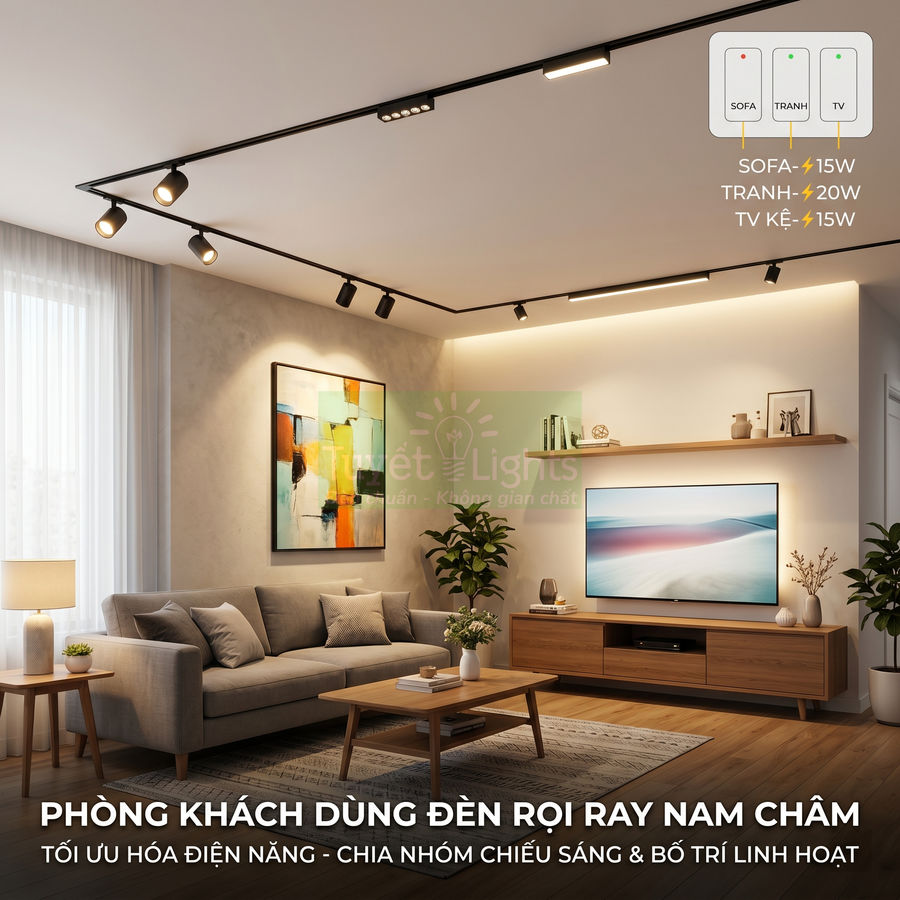 Phòng khách hiện đại sử dụng đèn rọi ray nam châm chiếu sáng sofa, tranh treo tường và kệ tivi gỗ