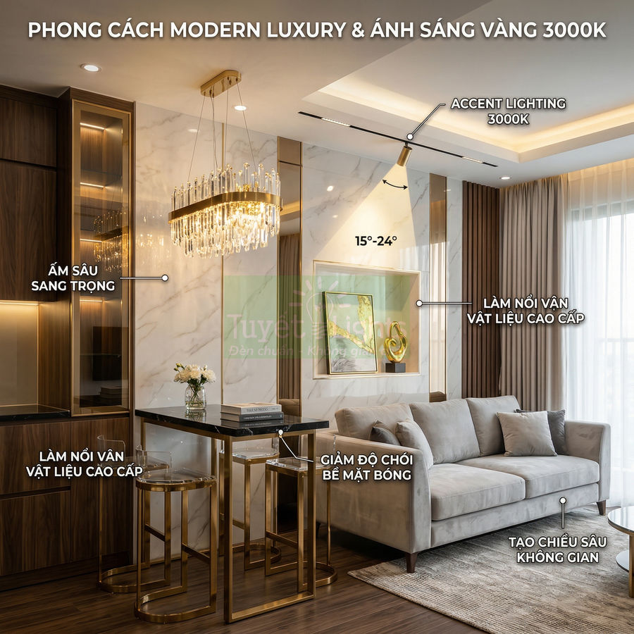 Phòng khách phong cách modern luxury với sofa xám, bàn kính chân kim loại vàng và đèn chùm pha lê ánh sáng vàng 3000K
