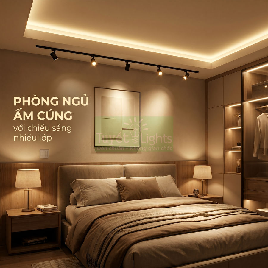 Phòng ngủ ấm cúng với hệ thống đèn Tuyết Lights chiếu sáng nhiều lớp quanh giường và tủ áo