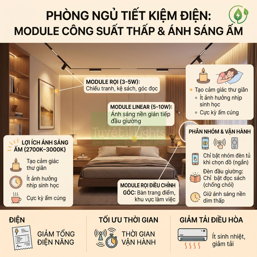Phòng ngủ sử dụng đèn LED ánh sáng ấm công suất thấp với module rọi và linear tiết kiệm điện