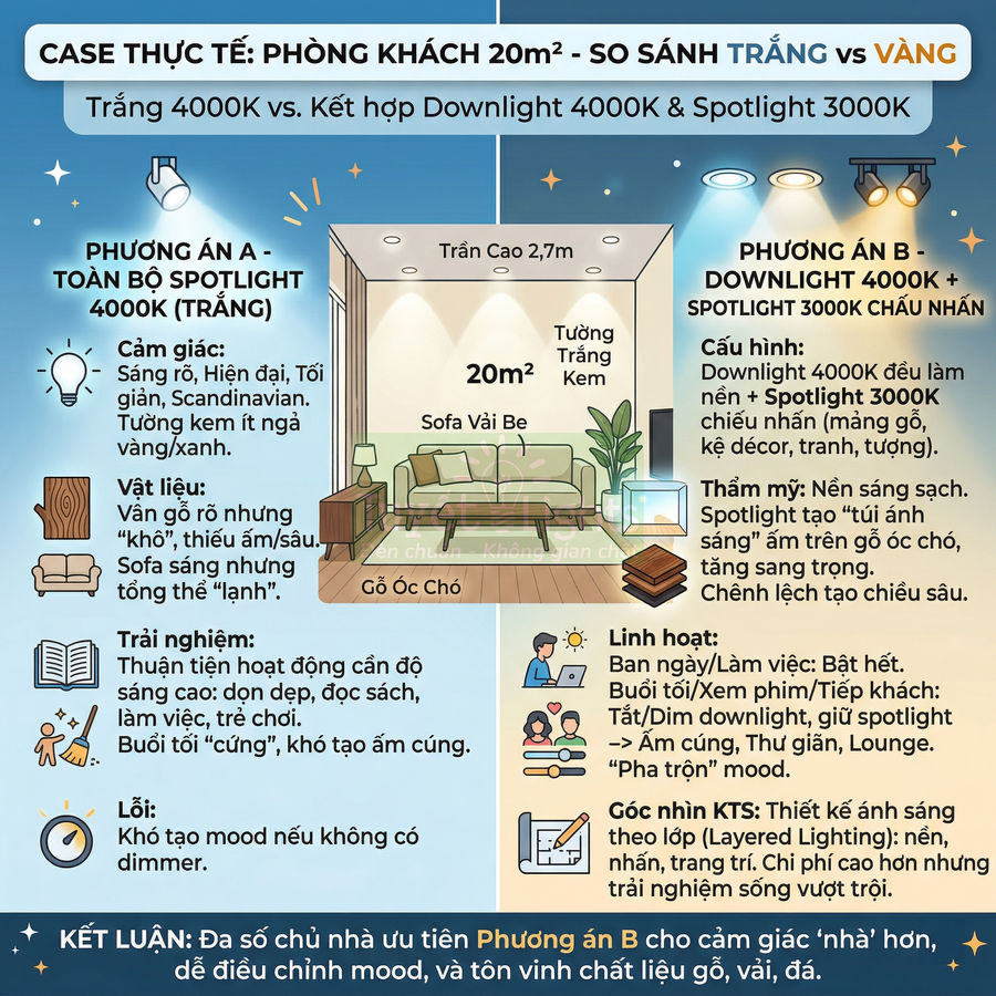 So sánh ánh sáng trắng 4000K và kết hợp downlight 4000K spotlight 3000K cho phòng khách 20m2, nội thất gỗ sofa vải