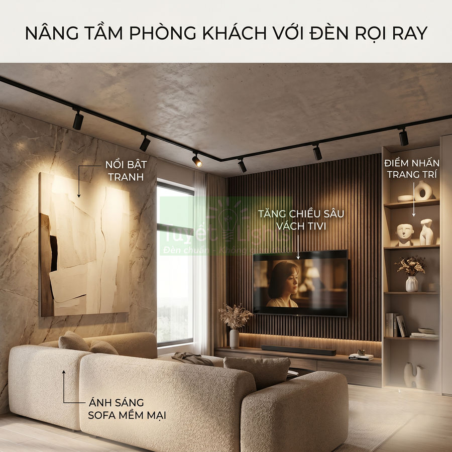 Đèn rọi ray chiếu sáng phòng khách hiện đại, làm nổi bật tranh tường, kệ trang trí và sofa mềm mại