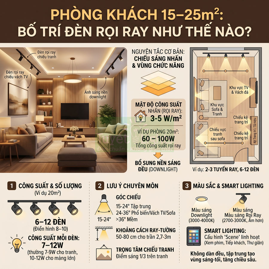 Infographic hướng dẫn bố trí đèn rọi ray và đèn downlight cho phòng khách 15–25m2 hiện đại