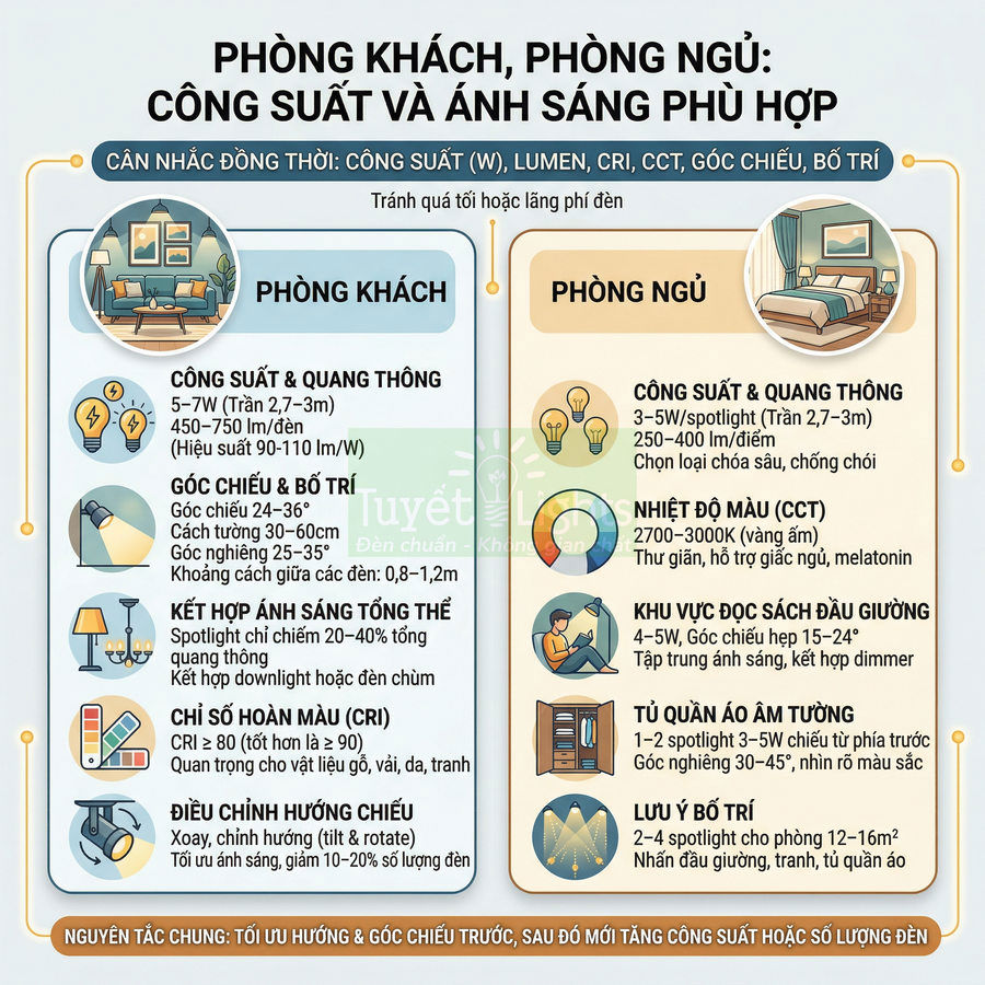 Infographic hướng dẫn chọn công suất và ánh sáng đèn LED cho phòng khách và phòng ngủ