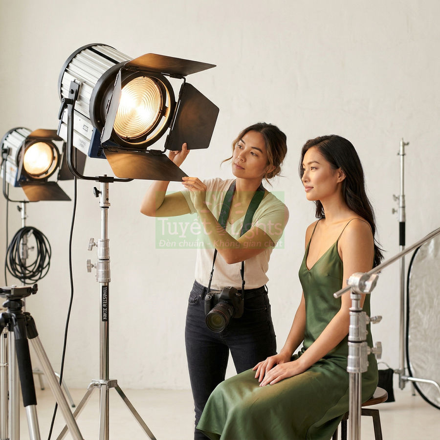 Đèn chiếu studio chuyên nghiệp được nhiếp ảnh gia điều chỉnh khi chụp mẫu trong phòng chụp