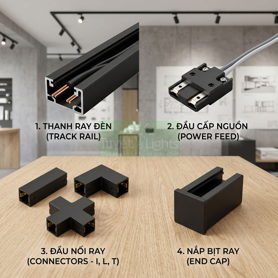 Bộ phụ kiện ray đèn chiếu sáng màu đen gồm thanh ray, đầu cấp nguồn, đầu nối I L T và nắp bịt ray