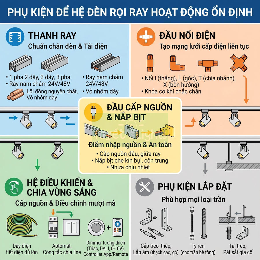 Phụ kiện hệ đèn rọi ray gồm thanh ray, đầu nối điện, đầu cấp nguồn, nắp bịt, bộ điều khiển và phụ kiện lắp đặt