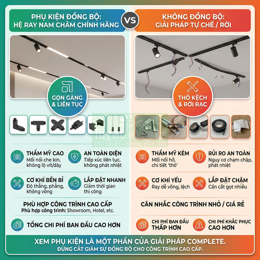 So sánh hệ ray nam châm chính hãng gọn gàng với giải pháp ray đèn tự chế thô kệch rối dây
