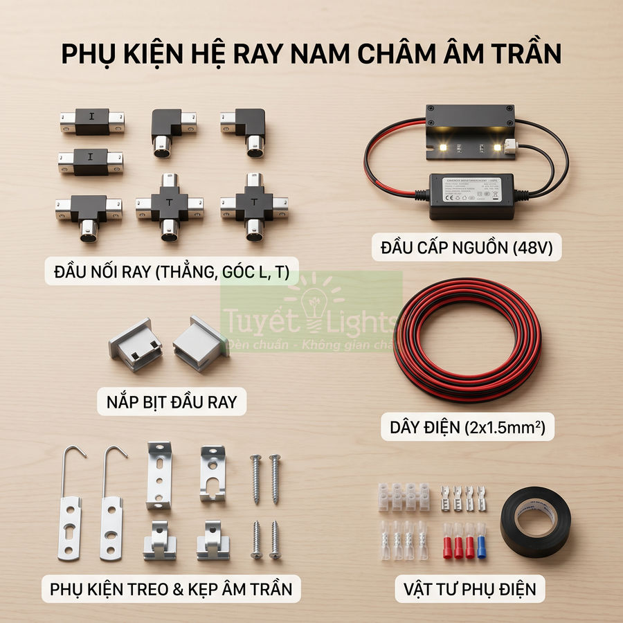 Bộ phụ kiện hệ ray nam châm âm trần Tuyết Light gồm đầu nối ray, nguồn 48V, dây điện và vật tư phụ điện