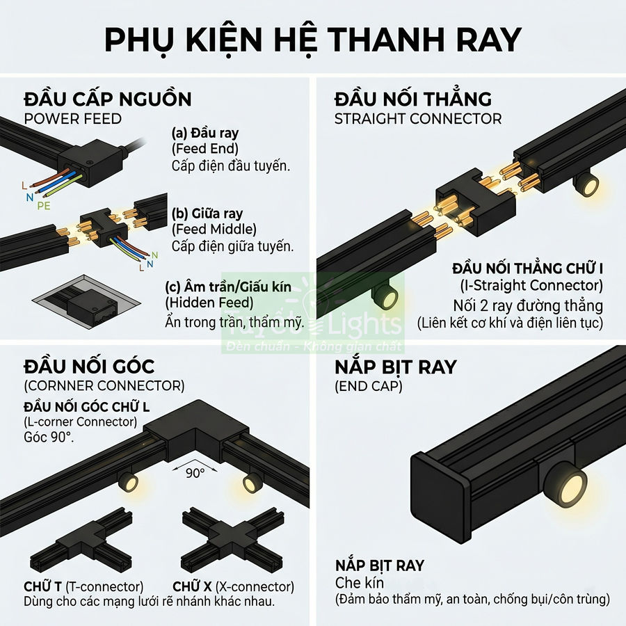 Phụ kiện hệ thanh ray đèn chiếu sáng gồm đầu cấp nguồn, đầu nối thẳng, đầu nối góc, chữ T, chữ X và nắp bịt ray