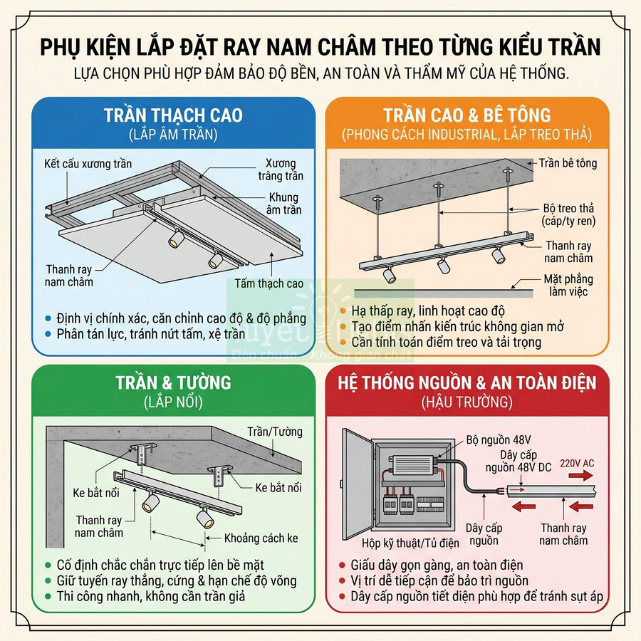 Hướng dẫn lắp đặt thanh ray nam châm cho trần thạch cao, trần bê tông, trần tường và hệ thống nguồn điện