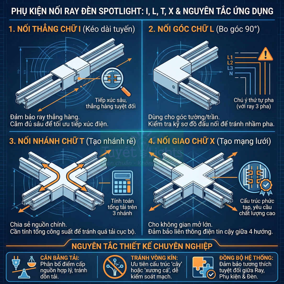 Các loại phụ kiện nối ray đèn spotlight dạng I L T X và nguyên tắc thiết kế lắp đặt chuyên nghiệp