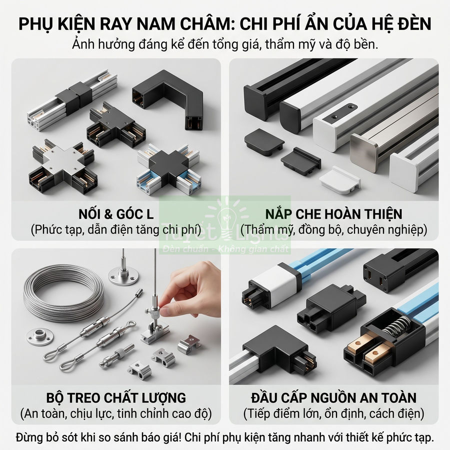 Phụ kiện ray nam châm cho hệ đèn trần gồm nối góc L, nắp che, bộ treo cáp và đầu cáp nguồn an toàn