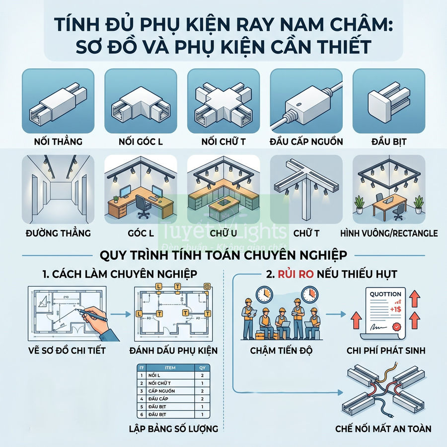 Sơ đồ phụ kiện ray nam châm và các kiểu lắp đặt đèn ray chiếu sáng trong nội thất