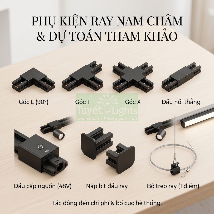 Phụ kiện ray nam châm đèn LED Tuyết Lights gồm góc L, góc T, góc X, đầu nối thẳng, nguồn 48V, nắp bít và bộ treo ray