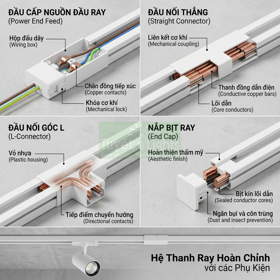 Hệ thanh ray đèn chiếu sáng màu trắng với đầu cấp nguồn, đầu nối thẳng, đầu nối góc L và nắp bịt ray