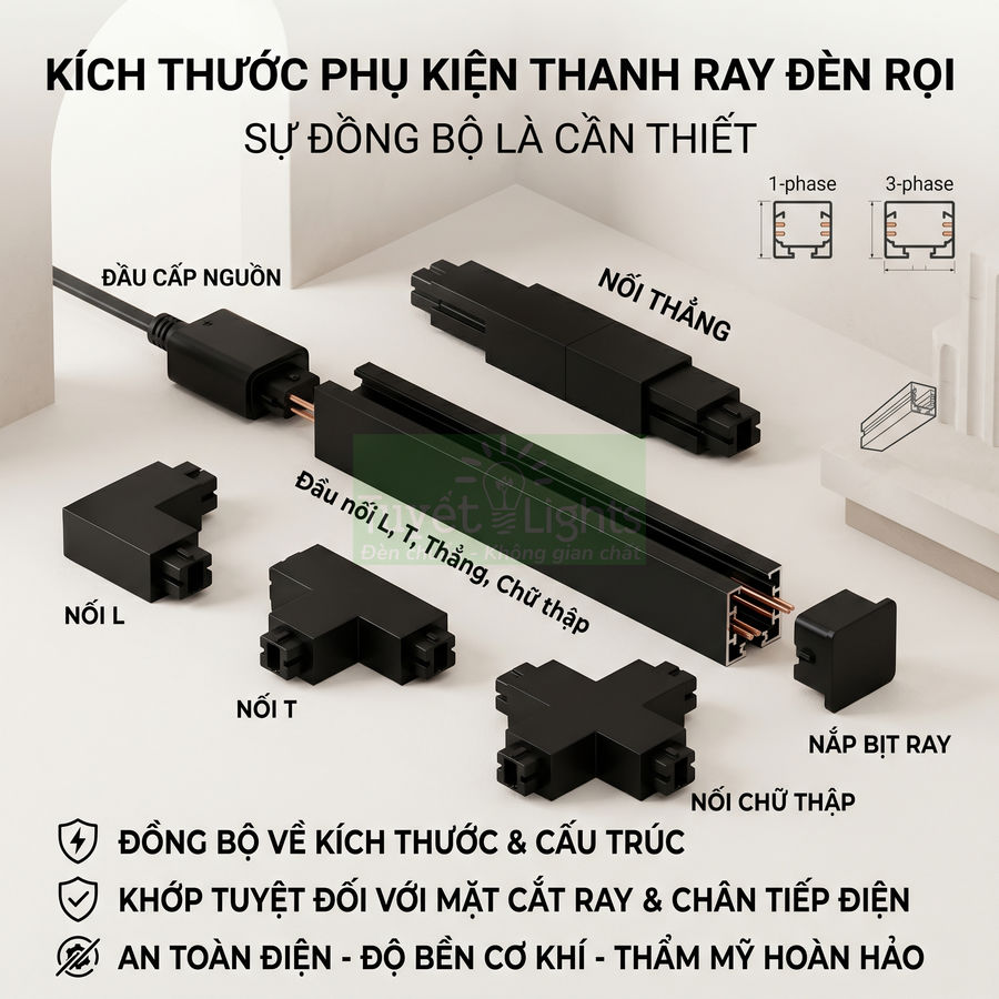 Bộ phụ kiện thanh ray đèn rọi màu đen gồm đầu cấp nguồn, nối thẳng, nối L, nối T, nối chữ thập và nắp bịt ray