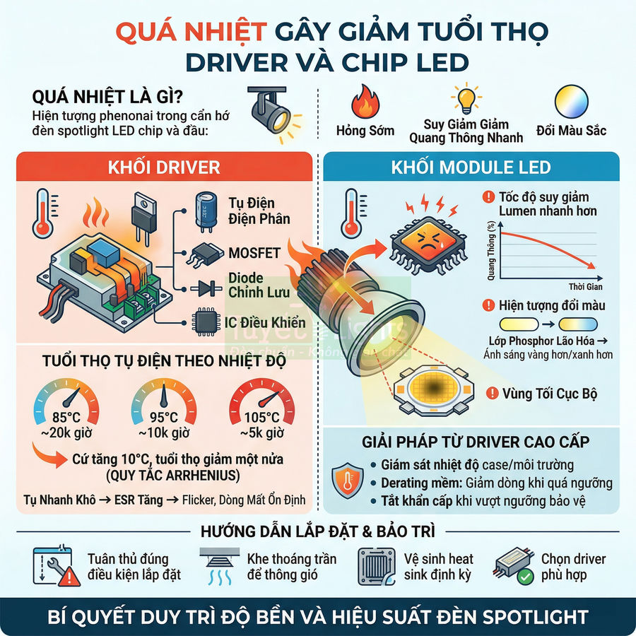 Infographic về nguyên nhân quá nhiệt làm giảm tuổi thọ driver và chip LED spotlight và cách khắc phục