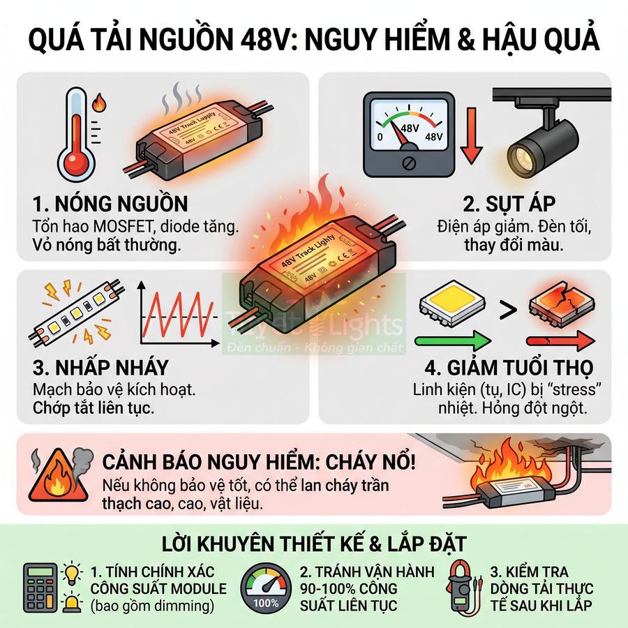 Infographic cảnh báo nguy hiểm quá tải nguồn đèn LED 48V gây nóng nguồn, sụt áp, nhấp nháy và giảm tuổi thọ