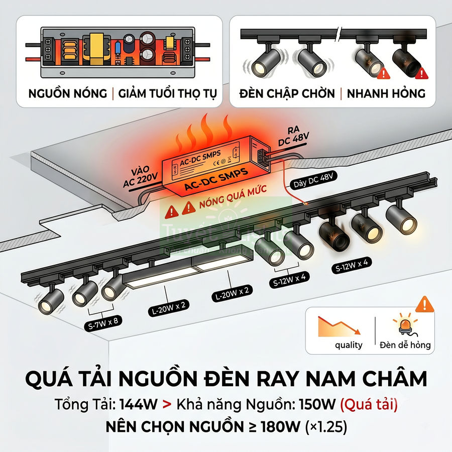 Minh họa nguồn AC DC SMPS quá tải cho hệ thống đèn ray nam châm, cảnh báo nóng và giảm tuổi thọ đèn