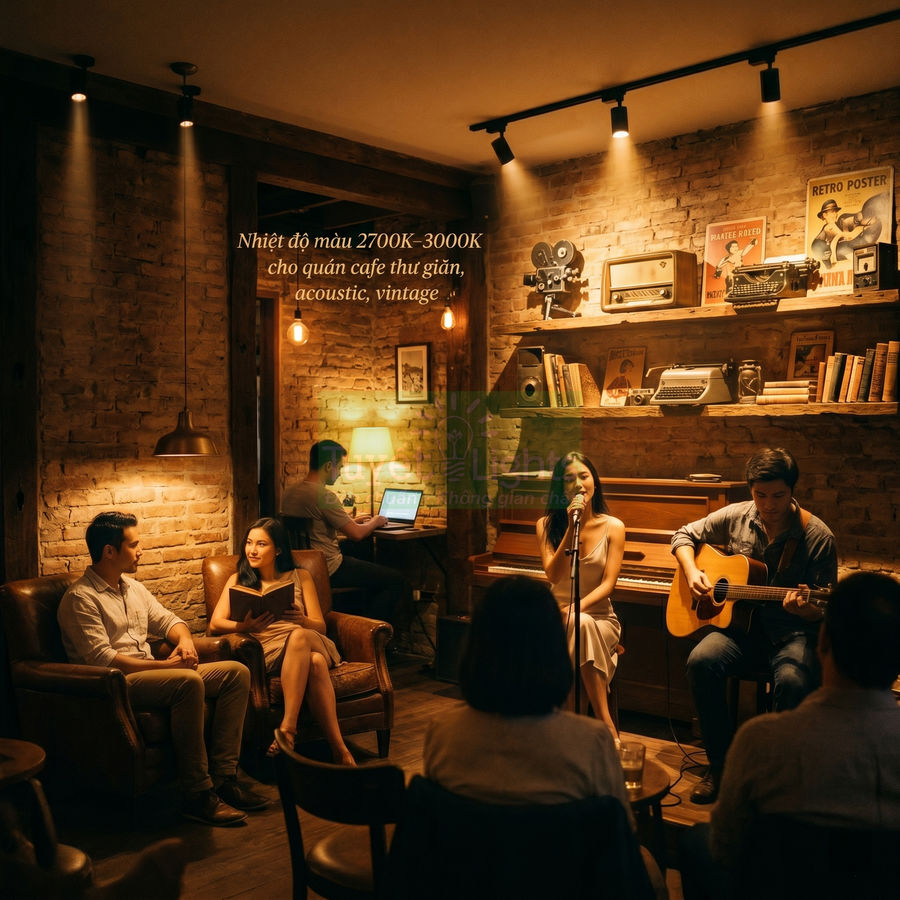 Đèn rọi ray ánh sáng vàng 2700K 3000K chiếu quán cafe acoustic phong cách vintage ấm cúng