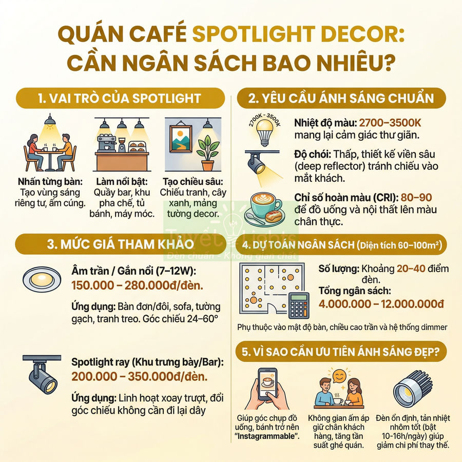 Infographic hướng dẫn chọn đèn spotlight decor và dự toán ngân sách ánh sáng cho quán cà phê