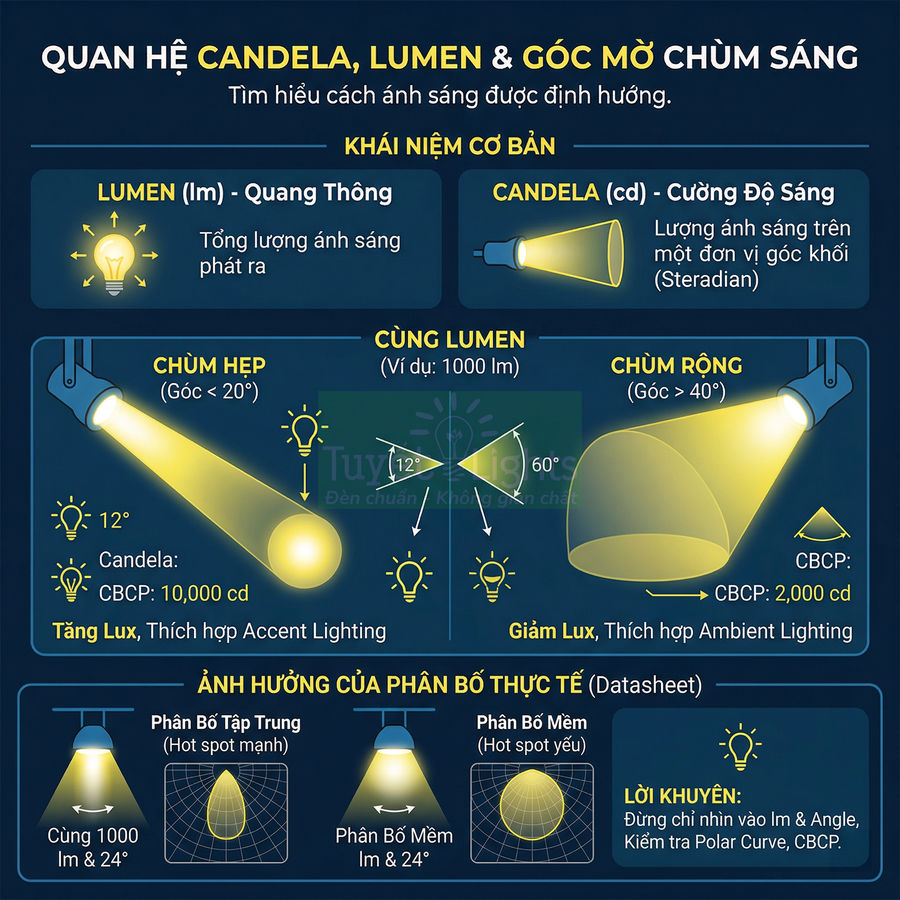 Infographic giải thích quan hệ candela lumen và góc mở chùm sáng của đèn chiếu sáng