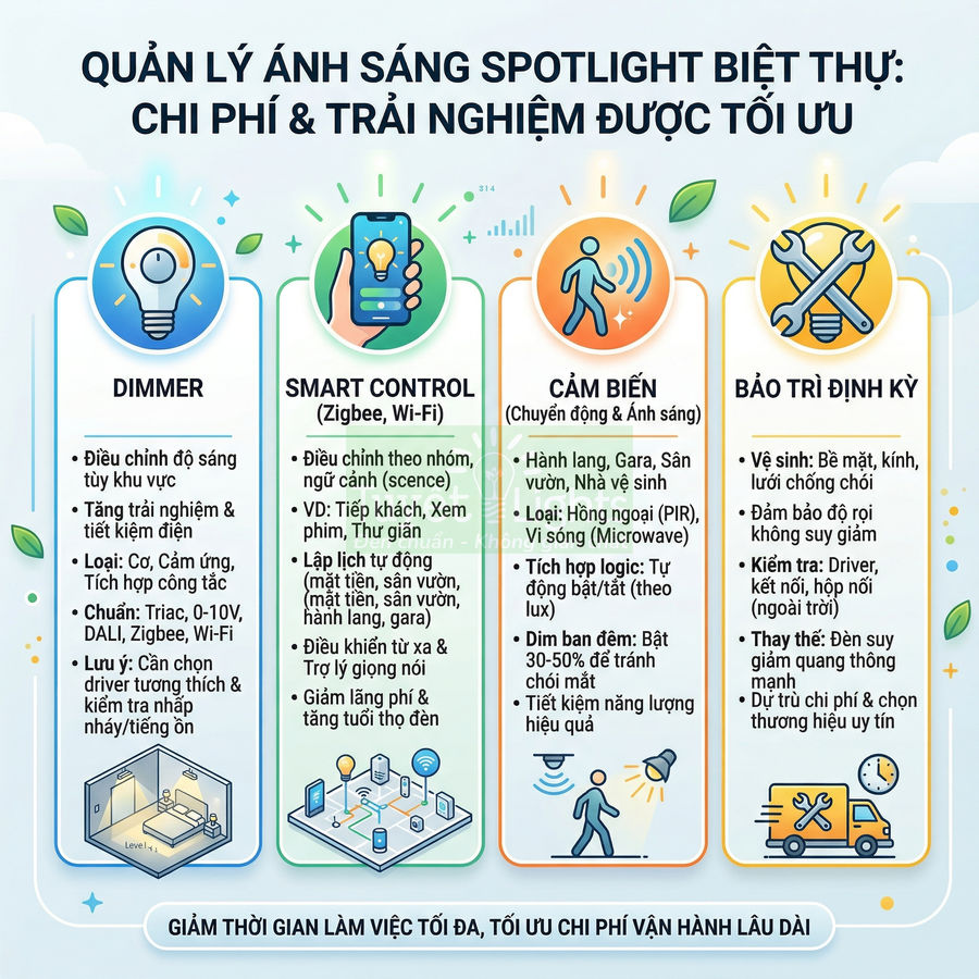 Infographic quản lý ánh sáng spotlight biệt thự với dimmer, smart control, cảm biến và bảo trì định kỳ