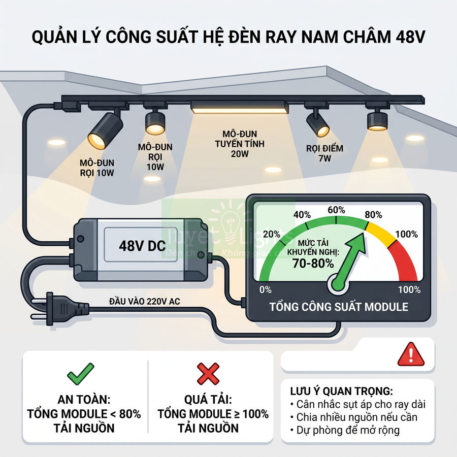 Sơ đồ quản lý công suất hệ đèn ray nam châm 48V với nguồn 48V DC và các mô đun rọi, tuyến tính, rọi điểm