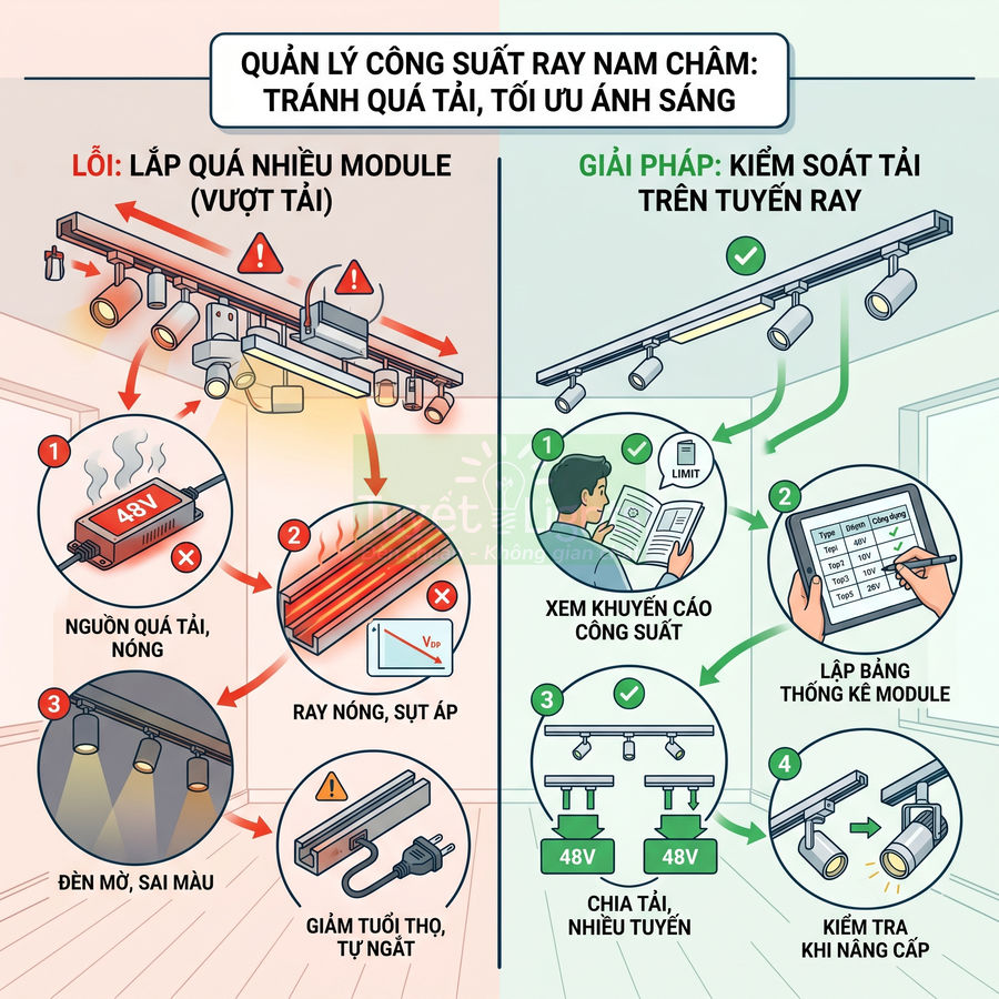 Hướng dẫn quản lý công suất ray nam châm 48V, so sánh lắp quá nhiều module và giải pháp chia tải, kiểm soát ánh sáng