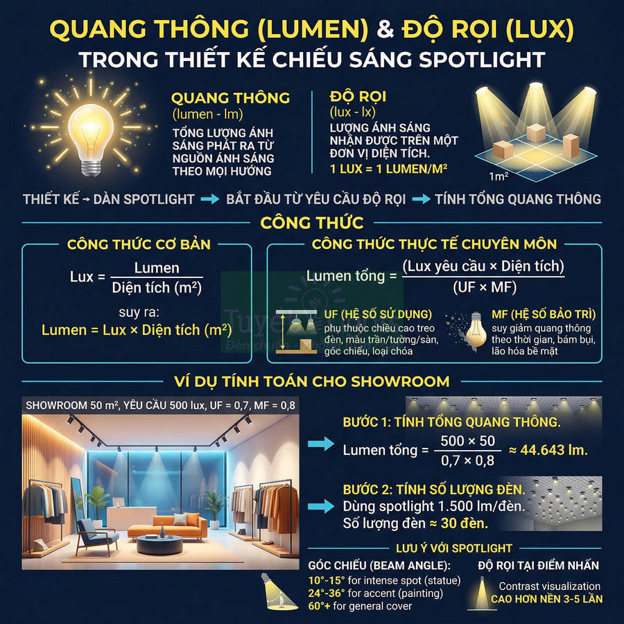 Infographic hướng dẫn tính quang thông lumen và độ rọi lux trong thiết kế chiếu sáng đèn spotlight showroom