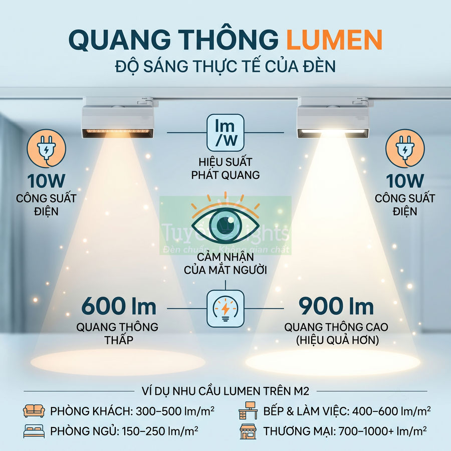 So sánh độ sáng đèn LED 10W quang thông 600 lumen và 900 lumen, minh họa hiệu suất chiếu sáng