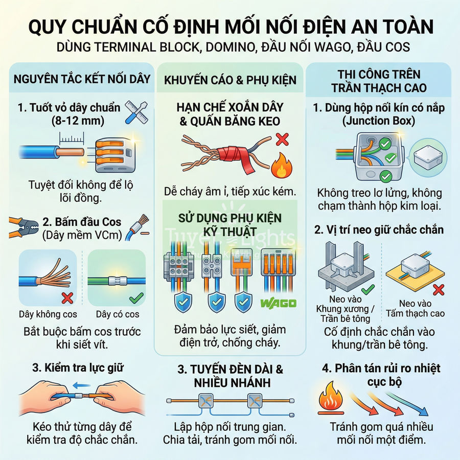 Hướng dẫn quy chuẩn cố định mối nối điện an toàn với đầu nối Wago, domino, terminal block và đầu cos