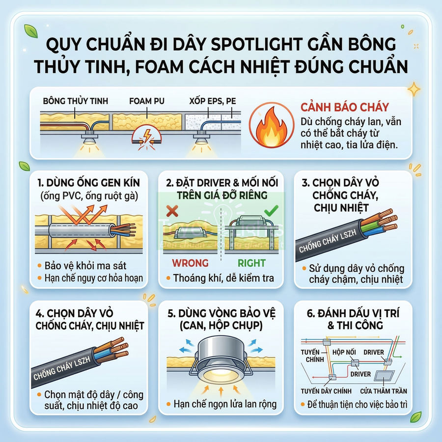 Hướng dẫn lắp đặt dây điện cho đèn spotlight gần bông thủy tinh và foam cách nhiệt an toàn chống cháy