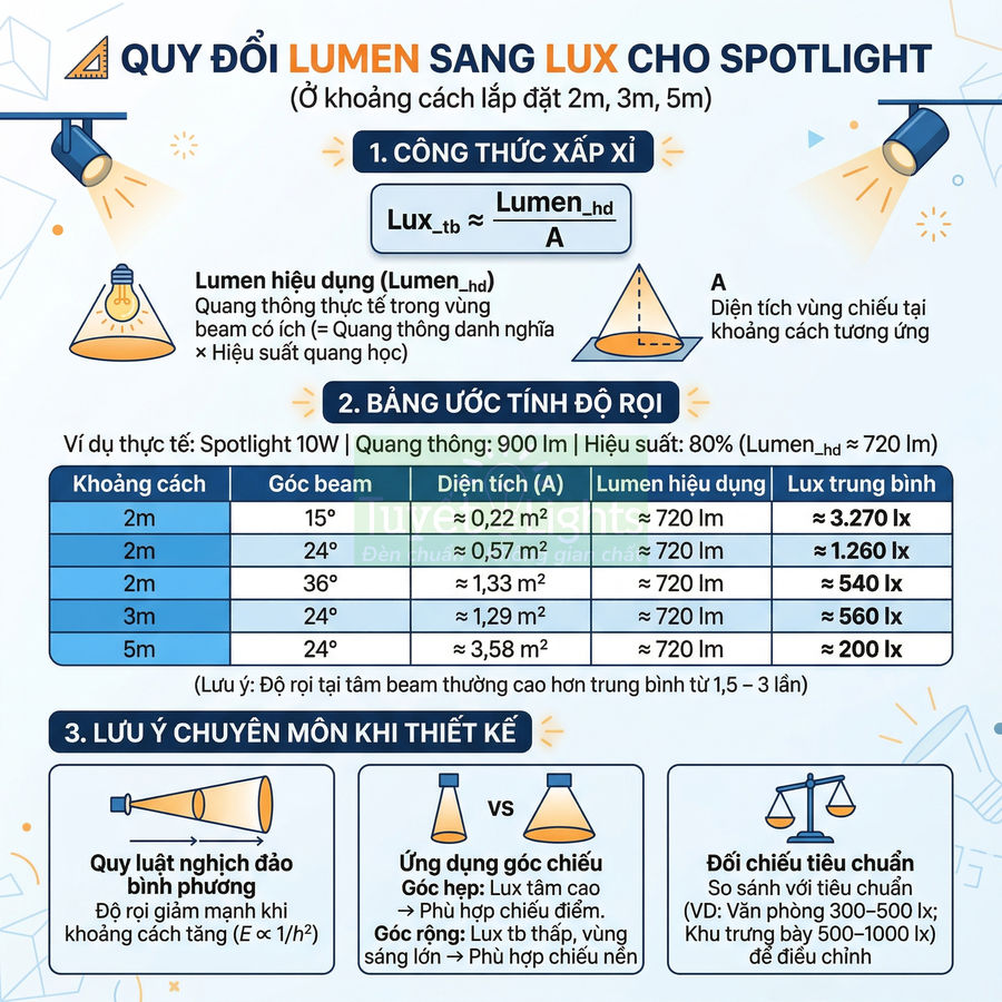 Bảng hướng dẫn quy đổi lumen sang lux cho đèn spotlight với công thức, ví dụ tính toán và lưu ý thiết kế chiếu sáng