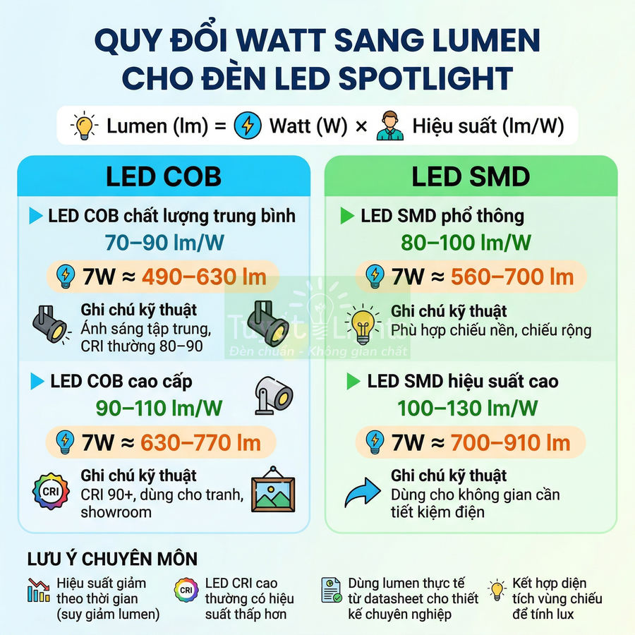 Bảng so sánh quy đổi watt sang lumen cho đèn LED spotlight COB và SMD, nêu hiệu suất và ứng dụng từng loại