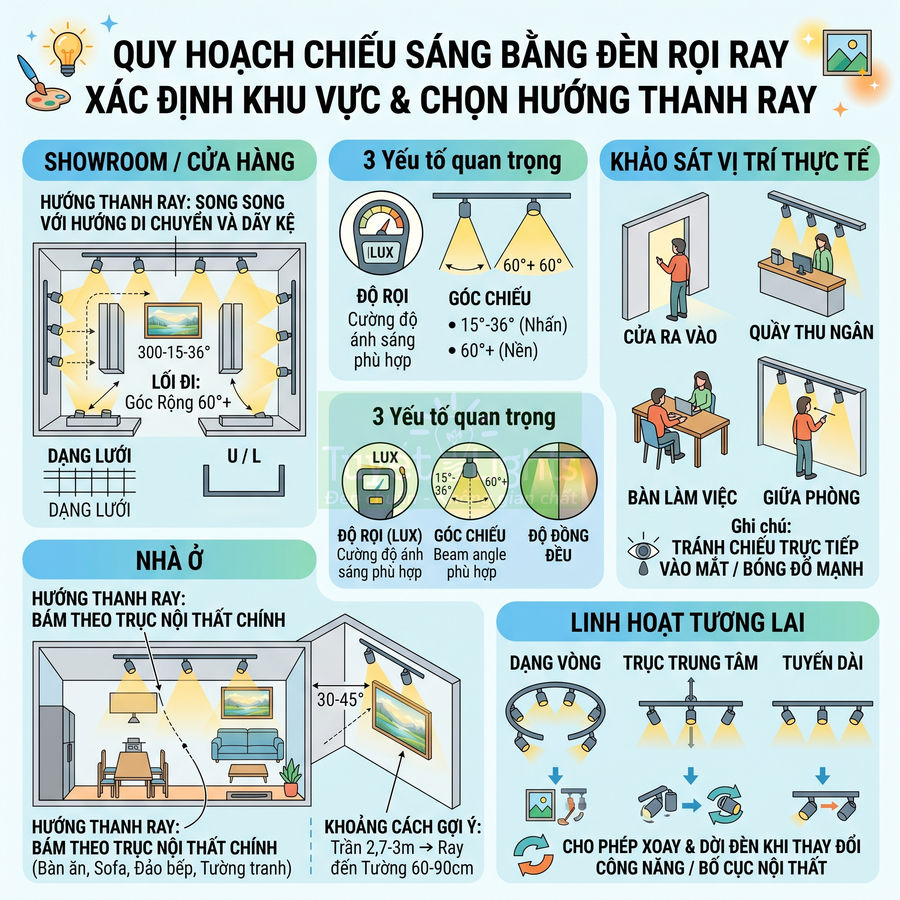 Infographic hướng dẫn quy hoạch chiếu sáng bằng đèn rọi ray cho showroom và nhà ở, nêu cách bố trí và góc chiếu phù hợp