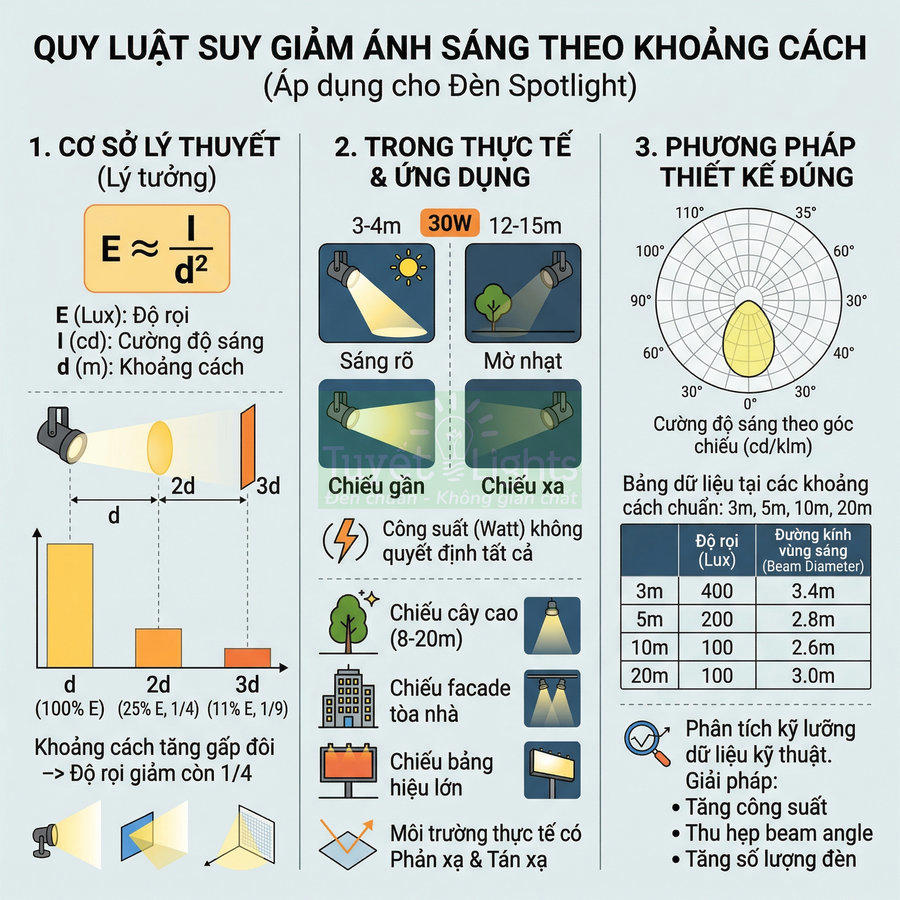 Quy luật suy giảm ánh sáng theo khoảng cách áp dụng cho đèn spotlight và hướng dẫn thiết kế chiếu sáng