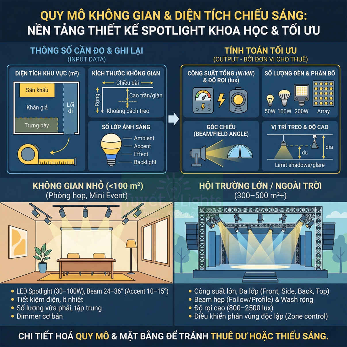 Infographic hướng dẫn thiết kế và bố trí đèn spotlight cho phòng họp nhỏ và sân khấu hội trường lớn