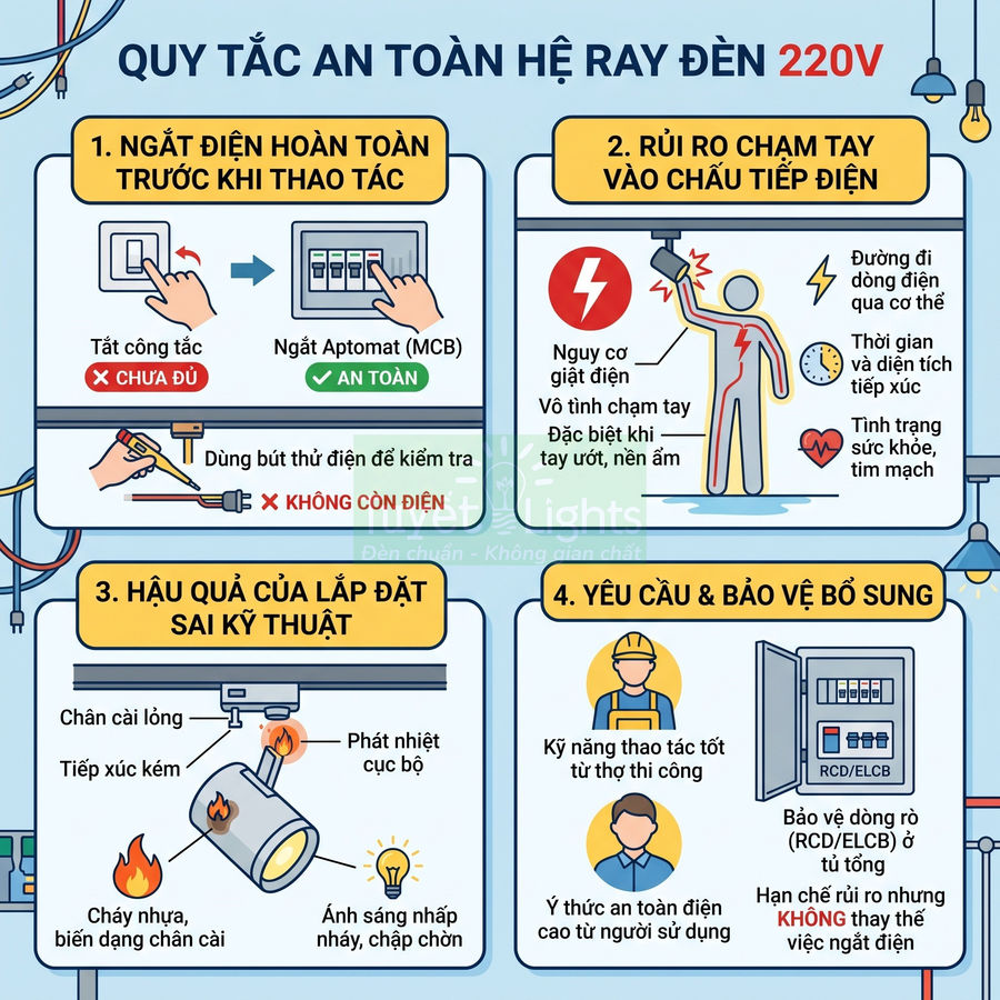 Quy tắc an toàn khi lắp đặt và sử dụng hệ ray đèn 220V, hướng dẫn ngắt điện và phòng tránh giật điện