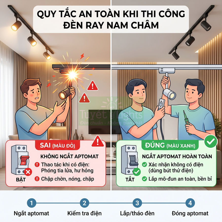 Hướng dẫn an toàn khi lắp đặt đèn ray nam châm trong phòng khách với ví dụ thao tác sai và đúng