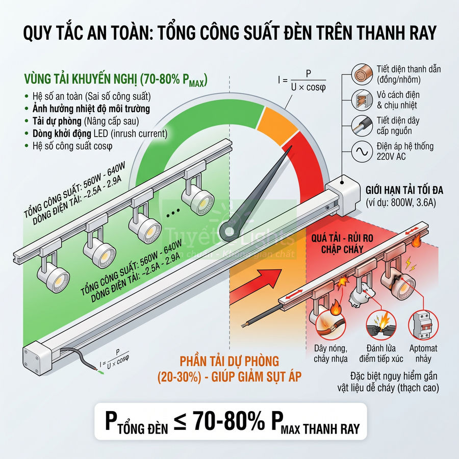 Hướng dẫn tổng công suất đèn LED trên thanh ray, vùng tải khuyến nghị 70 đến 80 phần trăm để tránh quá tải cháy nổ