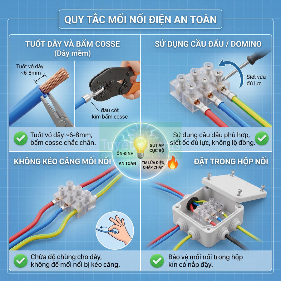 Hướng dẫn nối dây điện an toàn bằng cosse, cầu đấu domino và hộp nối kín bảo vệ mối nối chắc chắn