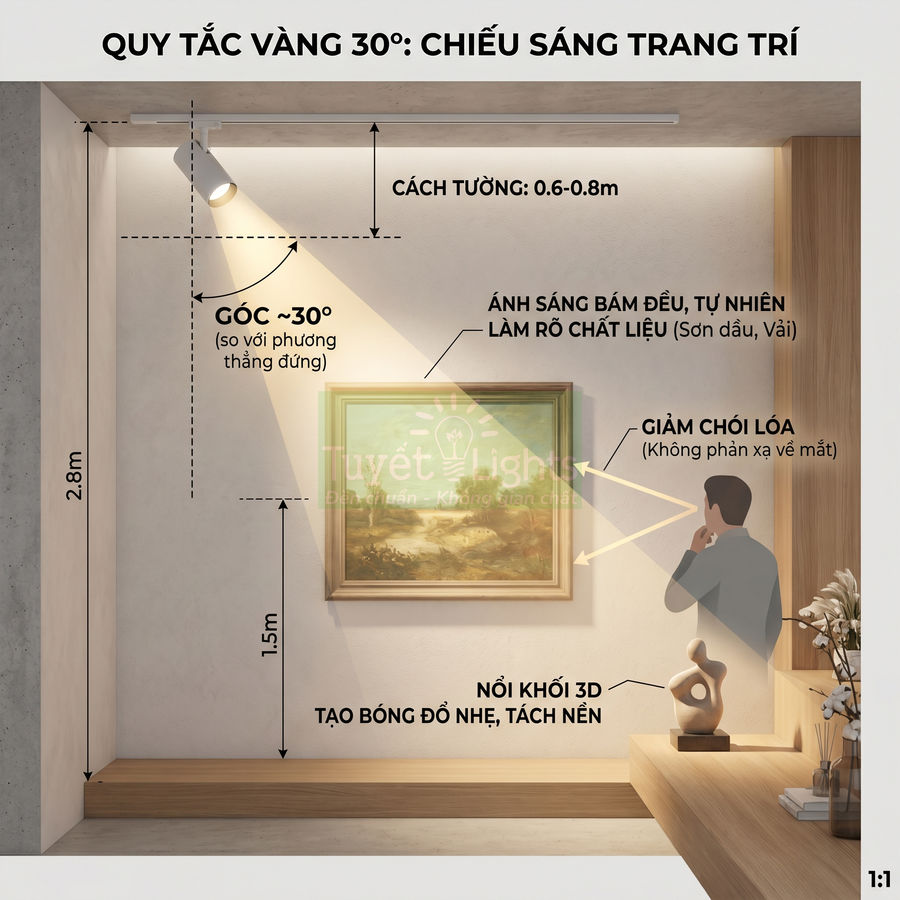 Đèn rọi ray chiếu sáng tranh treo tường trong phòng khách theo quy tắc góc 30 độ