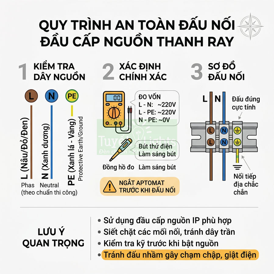 Quy trình an toàn đấu nối đầu cáp nguồn thanh ray với dây L N PE và sơ đồ đấu nối chi tiết