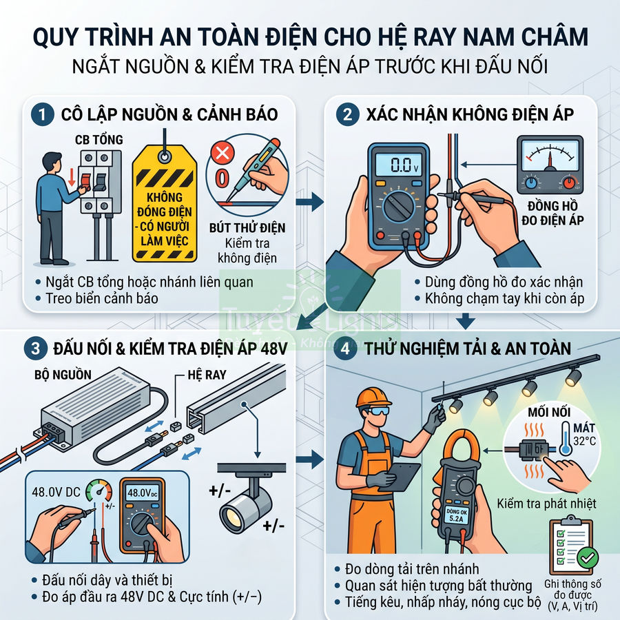 Quy trình an toàn điện cho hệ ray nam châm 48V với bộ nguồn, đồng hồ đo điện áp và kỹ thuật viên kiểm tra lắp đặt